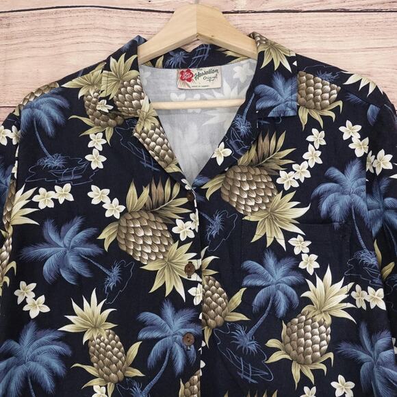 Hilo Hattie Aloha Shirt Womens Large Navy Pineapple Print Rayon Made in Hawaii - Picture 2 of 8